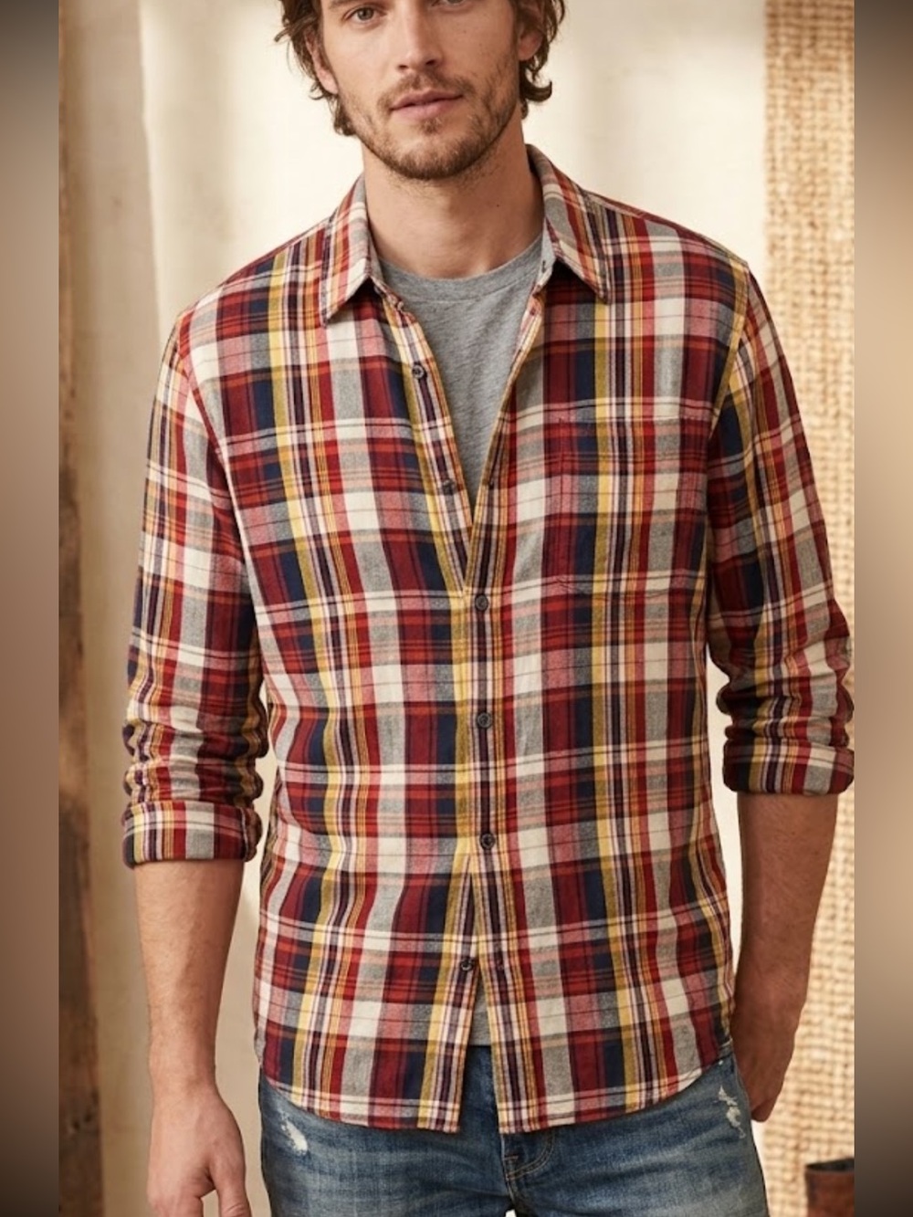 Gap Men’s Linen Cotton Plaid Shirt XL Red Navy Yellow Preppy Coastal